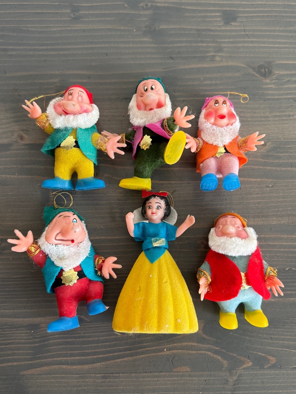 6 vintage Snow White flocked plastic  characters _ Christmas tree ornaments